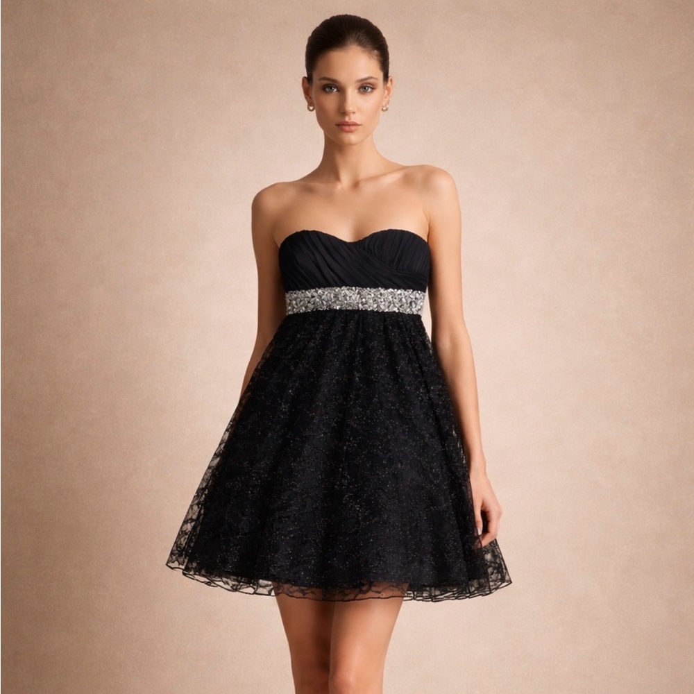 My Michelle Black Strapless Lace Cocktail Dress With Silver Waist Accents Size 5